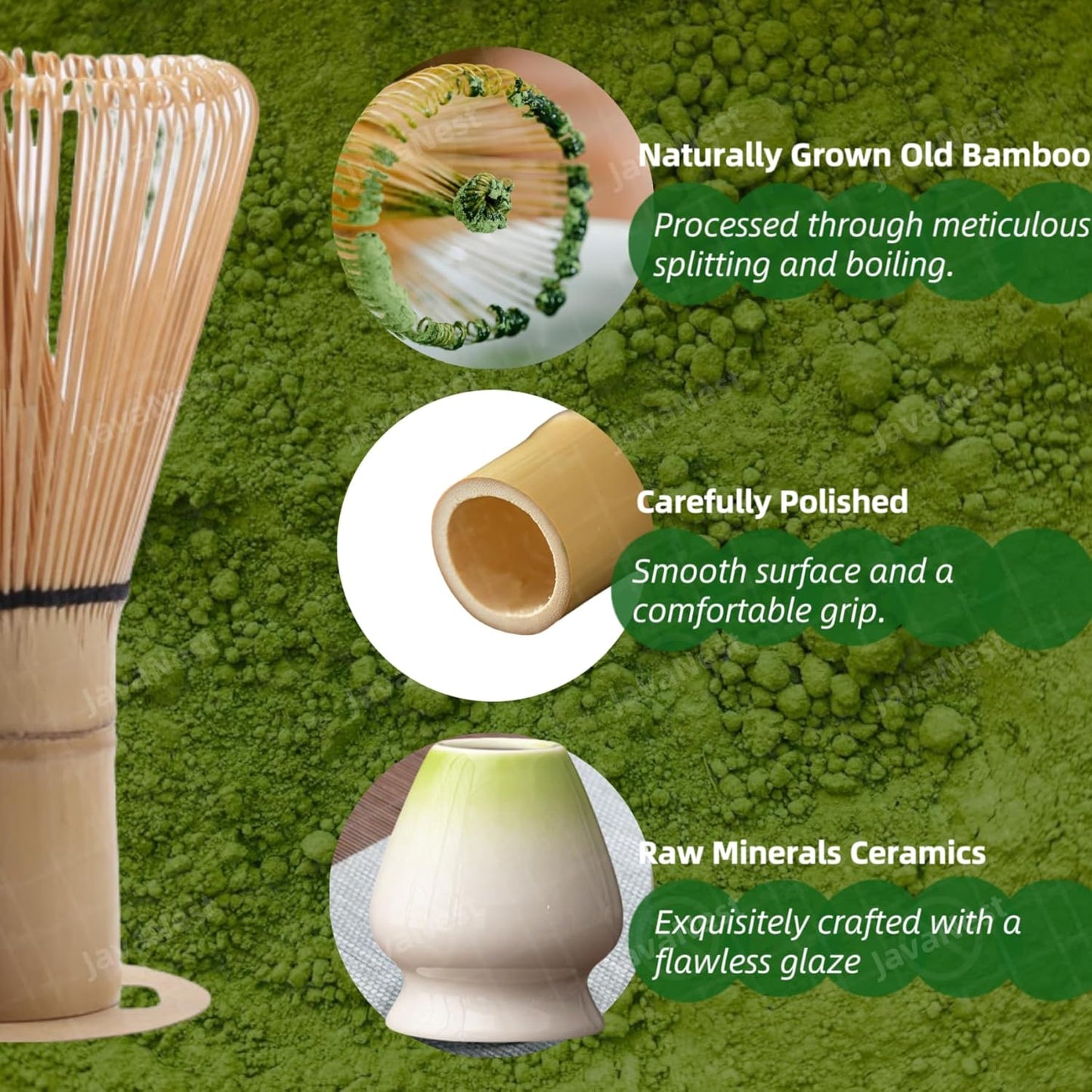 Matcha Whisk Set, 6-Piece Matcha Making Kit, Macha Tea Set, (Chasen Holder), Ceramic Whisk Holder, Matcha Starter Sifter, Bamboo Scoop, Spoon Japanese Tea Tools For Ceremony Gift (Green)