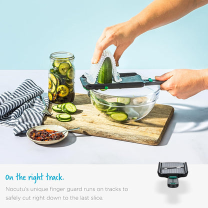 Dreamfarm Nocutu Handheld Safety Mandoline Slicer, Food Vegetable Cutter with Non-Slip Bowl Hook & Foot - Adjustable 1-3mm Slicer, Black/Green
