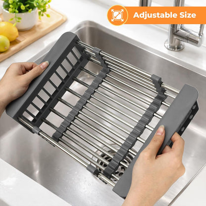 Extend Kitchen Sink Drain Basket, Adjustable Dish Drying Rack Over The Sink, Stainless Steel Kitchen Retractable Drain Sink Accessories Portable & Telescopic Space-Saving Extender for Vegetable, Fruit