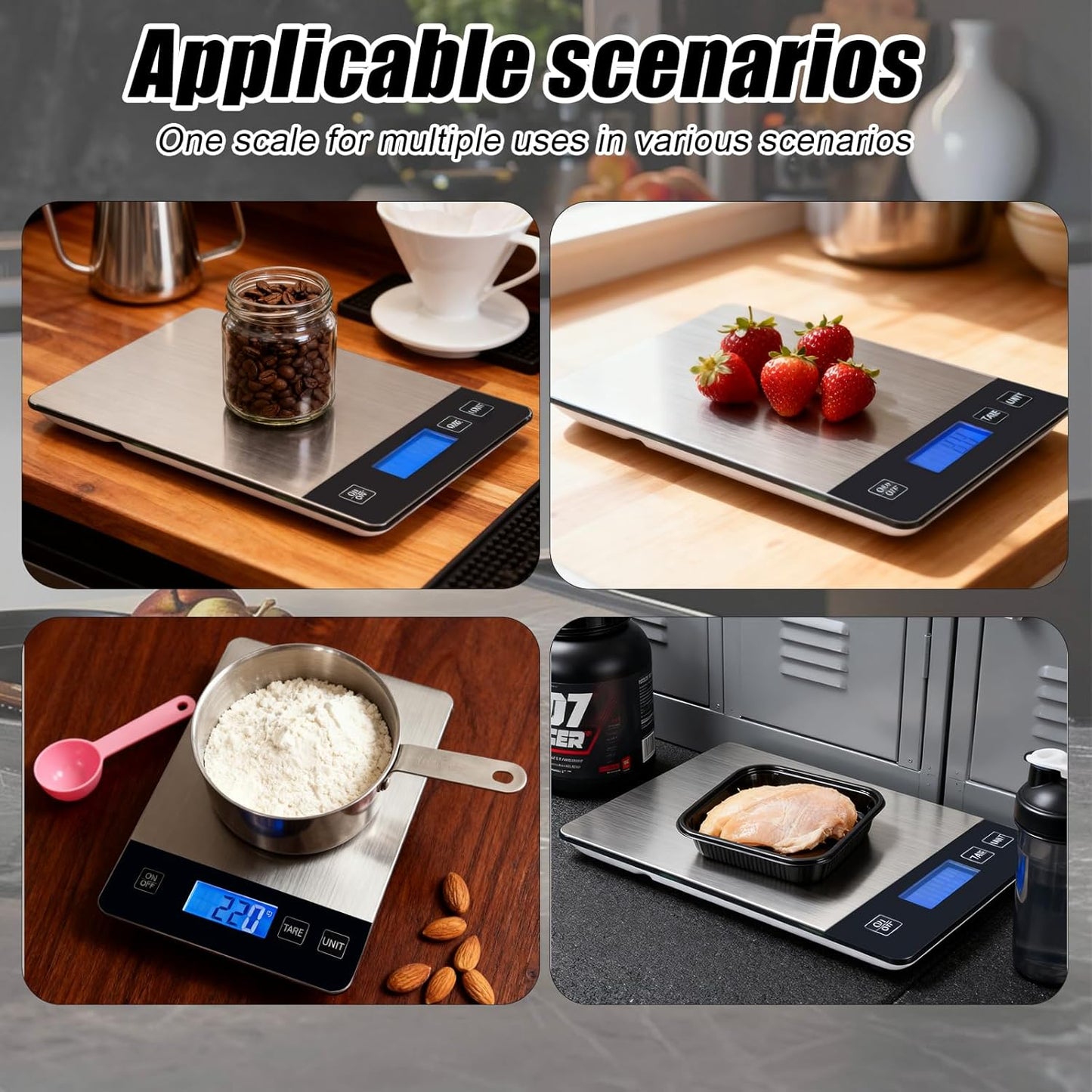Food Kitchen Scale, 33lb Digital Food Scale Precisely Measures Grams and Ounces for Baking and Cooking, Rechargeable 304 Stainless Steel Kitchen Scale for Food with LCD Display, Batteries Included