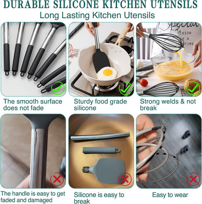 Silicone Cooking Utensil Set, Umite Chef 15pcs Silicone Cooking Kitchen Utensils Set, Non-stick - Best Kitchen Cookware with Stainless Steel Handle - Black Kitchen Utensils