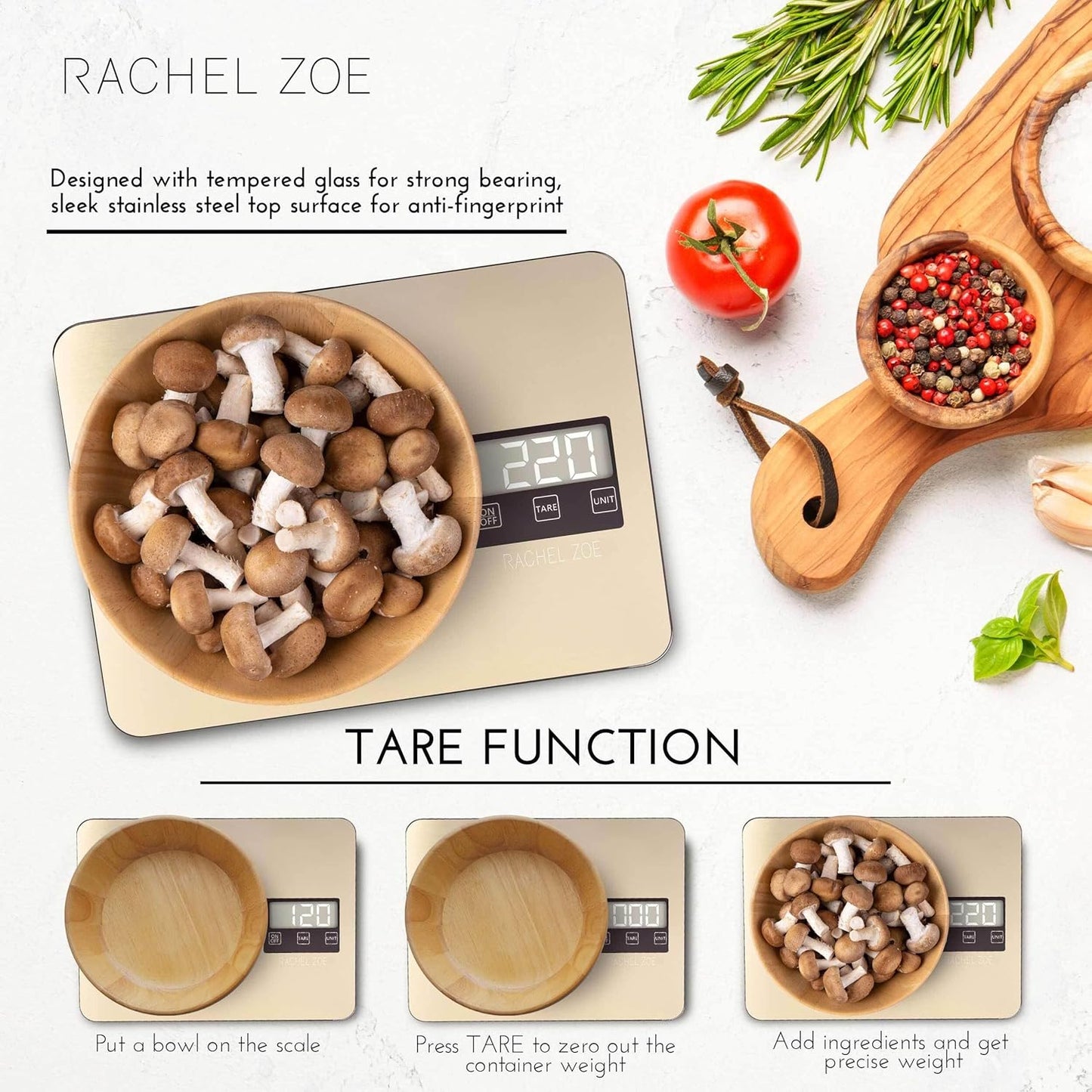 Rachel Zoe Digital Kitchen Food Scale with Non-Slip Base for Home and Kitchen, Measures in Pounds, Grams, Milliliters & Kilograms, Battery Operated Aluminum Electric Scale for Meals, Baking & Diets
