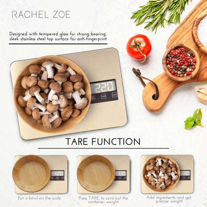 Rachel Zoe Digital Kitchen Food Scale with Non-Slip Base for Home and Kitchen, Measures in Pounds, Grams, Milliliters & Kilograms, Battery Operated Aluminum Electric Scale for Meals, Baking & Diets