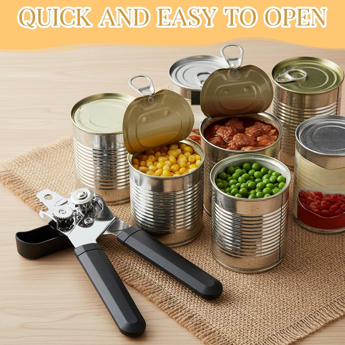 8 Pcs Manual Can Opener with Soft Handle Sharp Blade Smooth Edge Multifunctional Kitchen Gadget Handheld Openers Oversized Handheld Knob Can and Bottle Animals, Black