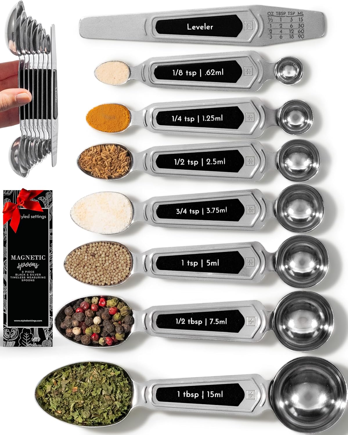 White and Gold Measuring Spoons with Leveler - Featuring 8PC Upgraded Style, Dual-Sided, Stackable, Stainless Magnetic Measuring Spoons Set - Fits in Spice Jars, White and Gold Kitchen Accessories