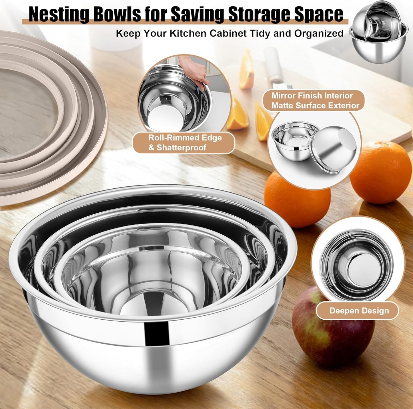 E-far Mixing Bowls Set of 5, Stainless Steel Salad Mixing Bowl with Transparent Lid, Metal Nesting Bowl Attach with 3 Graters for Kitchen Prepping/Serving/Baking/Storage, 4.6/2.6/1.5/1/0.7 QT - Khaki