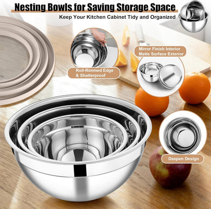 E-far Mixing Bowls Set of 5, Stainless Steel Salad Mixing Bowl with Transparent Lid, Metal Nesting Bowl Attach with 3 Graters for Kitchen Prepping/Serving/Baking/Storage, 4.6/2.6/1.5/1/0.7 QT - Khaki