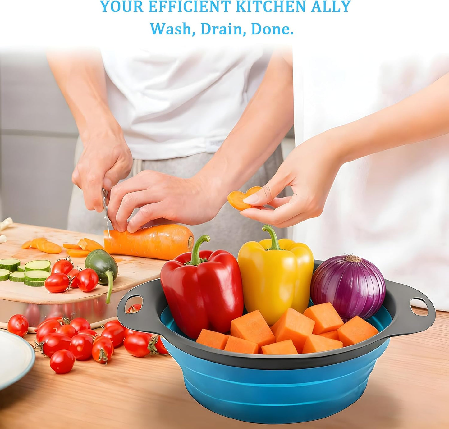 Collapsible Colander Set with 2 Stainless Steel Hooks & 2 Silicone Funnels, Foldable Kitchen Strainer Basket for Pasta and Vegetables, Space Saving RV & Camping Kitchen Accessories – Blue
