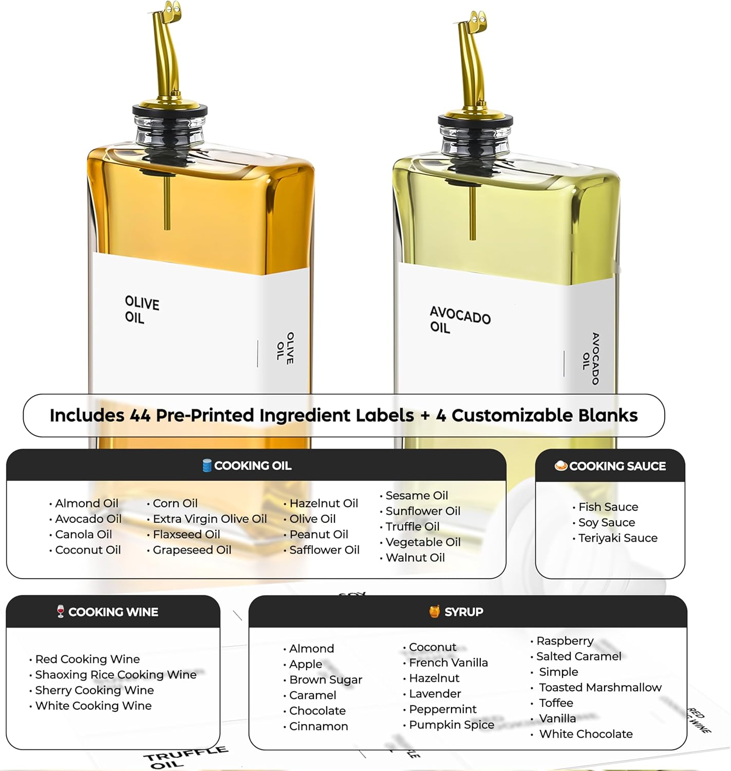 Spaceneat Olive Oil Dispenser Bottle - Includes 44 Kitchen Essential Labels - Cooking Oil Bottles for Kitchen, Coffee Syrup Dispenser - Pourer Spout with 11.8 fl oz Glass Container Cruet - 4pcs, Gold
