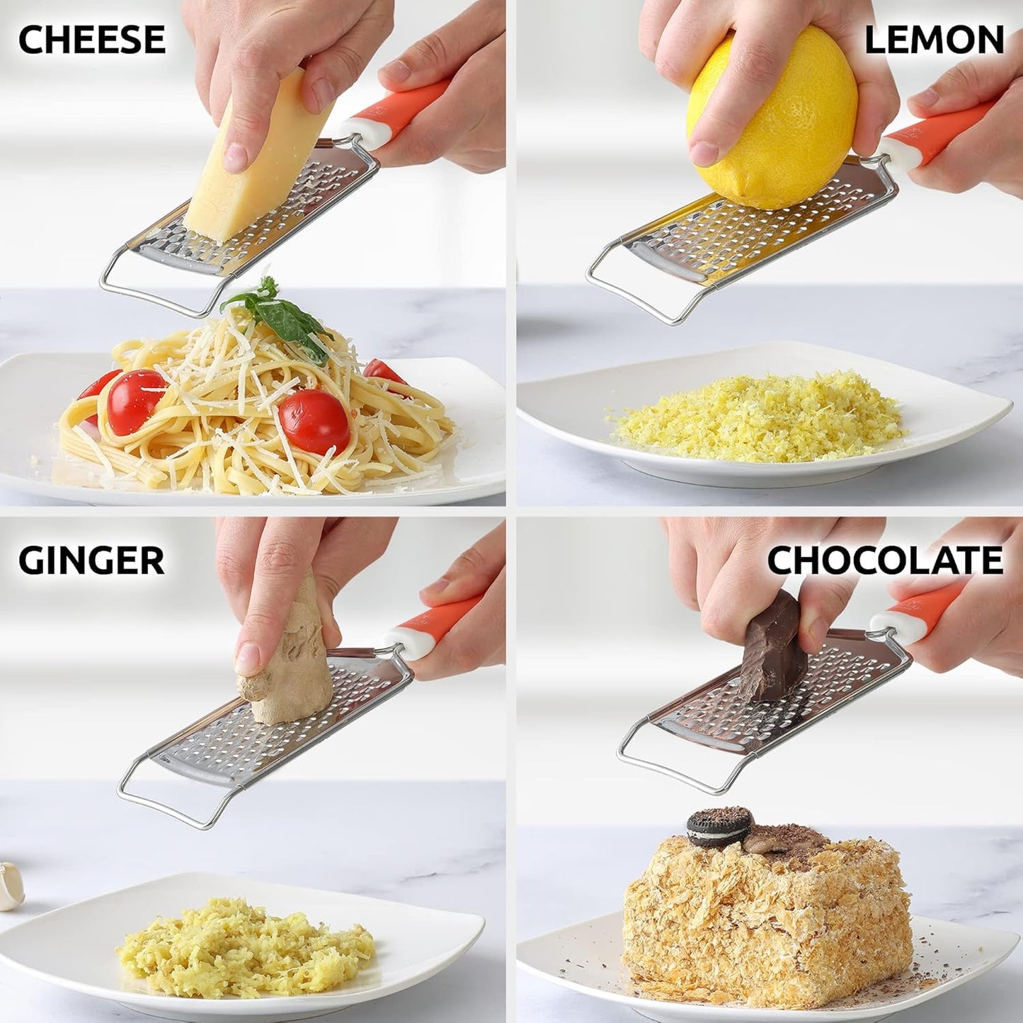 Zulay Kitchen Professional Cheese Grater Stainless Steel - Durable Rust-Proof Metal Lemon Zester Grater With Handle - Flat Handheld Grater For Cheese, Chocolate, Spices, And More - White