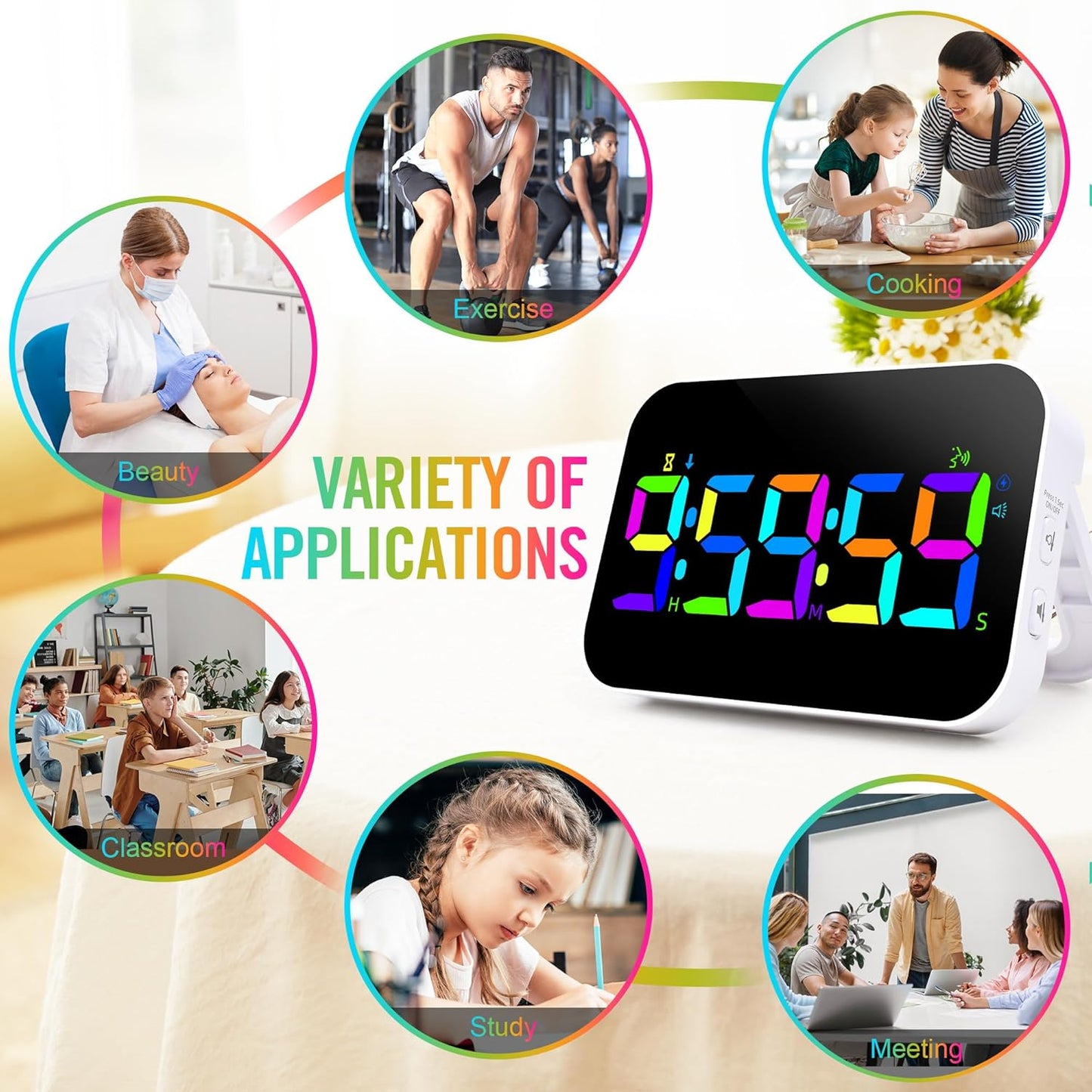TXL Kitchen Timer for Cooking, Rechargeable Digital Magnetic Timer with Large LED Display, Loud Alarm, Sound Countdown, 4 Volume Levels and 3 Brightness for Classroom, Study (RGB)