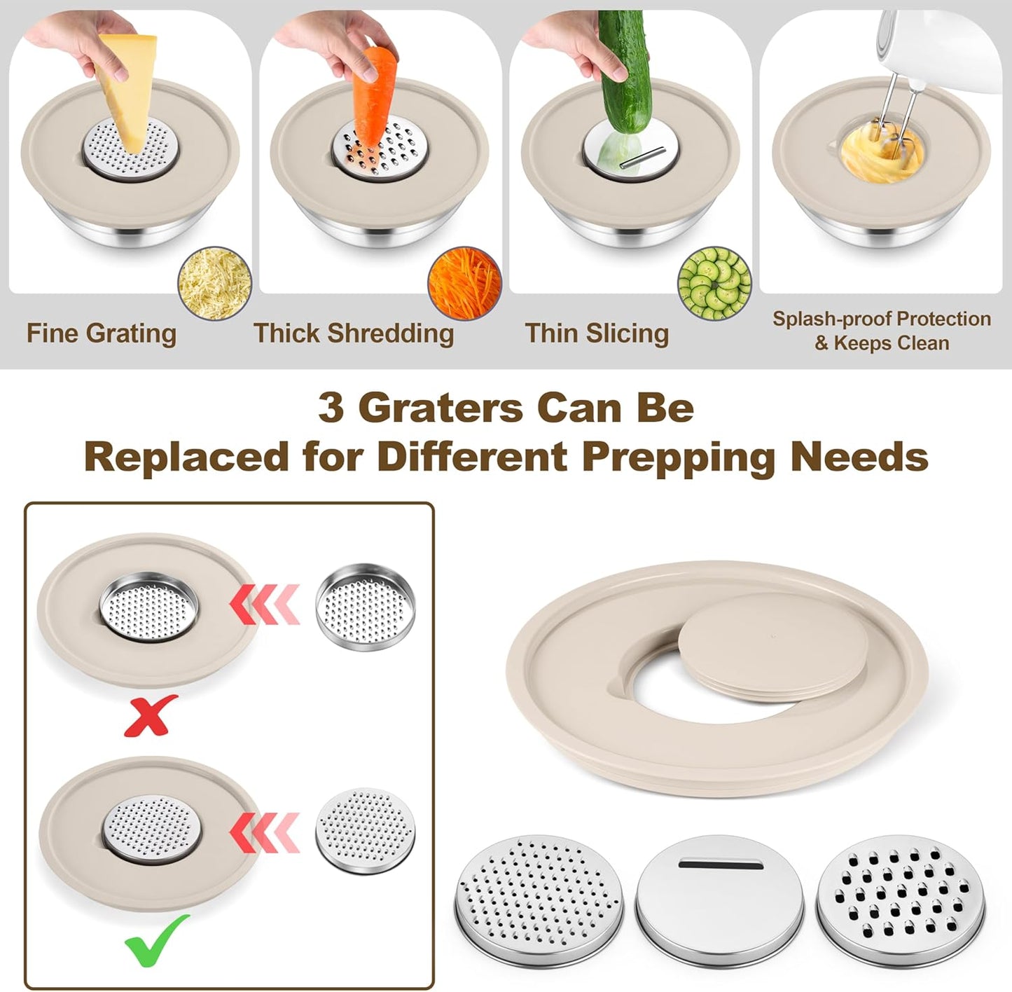 TeamFar Mixing Bowls, 6 PCS Stainless Steel Nesting Salad Bowl with Lids & 3 Graters, For Kitchen Cooking Serving Prepping, Airtight & Non-Slip, Size 4.6/3.5/2/1.5/1/0.7 QT, Black