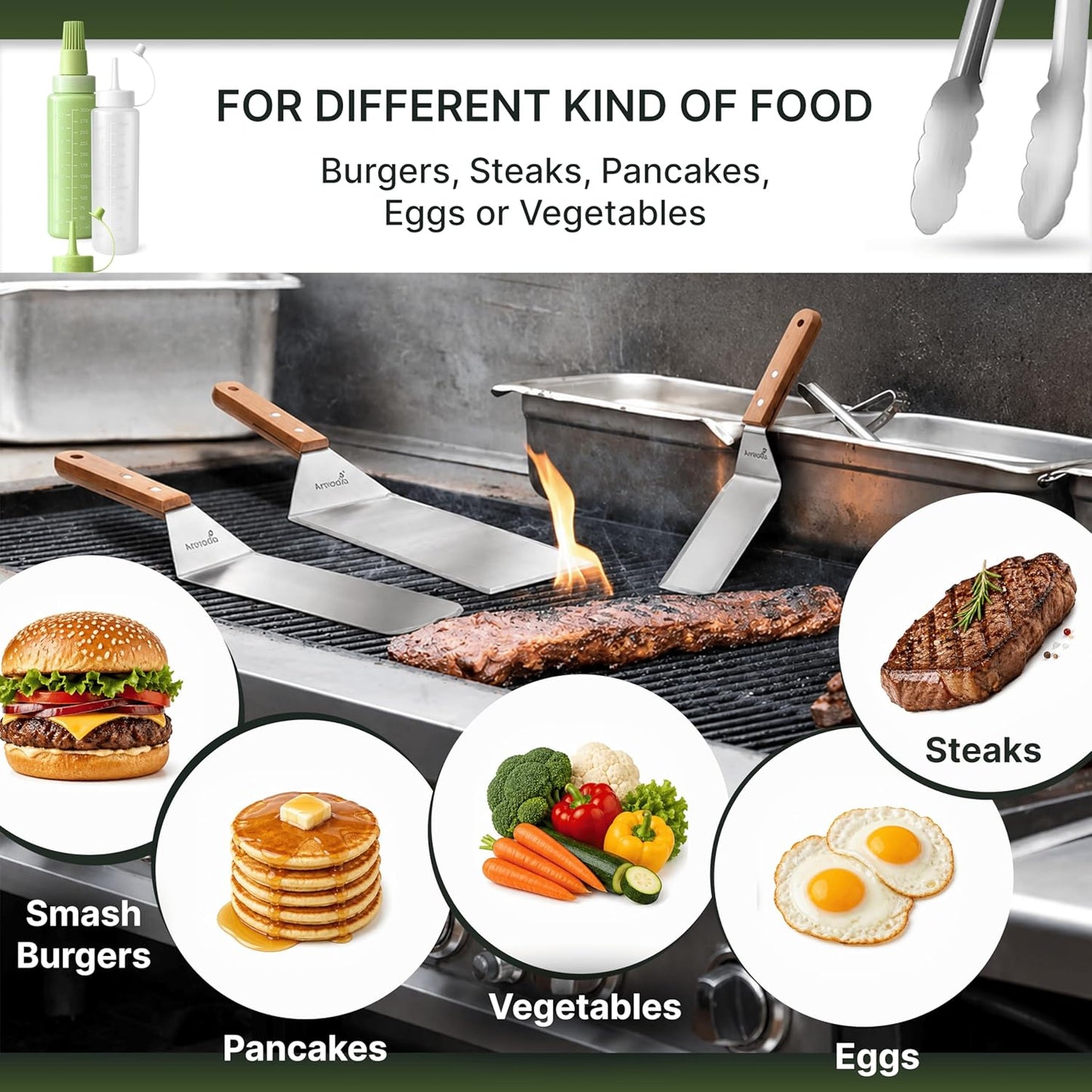 Stainless Steel Metal Spatula Set - Teppaniyaki Spatulas - Griddle Scraper Flat Spatula Pancake Flipper Hamburger Turner - Metal Utensil great for BBQ Grill Flat Top Cast Iron Griddle Accessories
