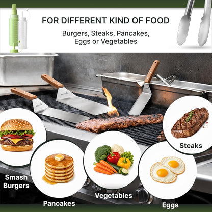Stainless Steel Metal Spatula Set - Teppaniyaki Spatulas - Griddle Scraper Flat Spatula Pancake Flipper Hamburger Turner - Metal Utensil great for BBQ Grill Flat Top Cast Iron Griddle Accessories