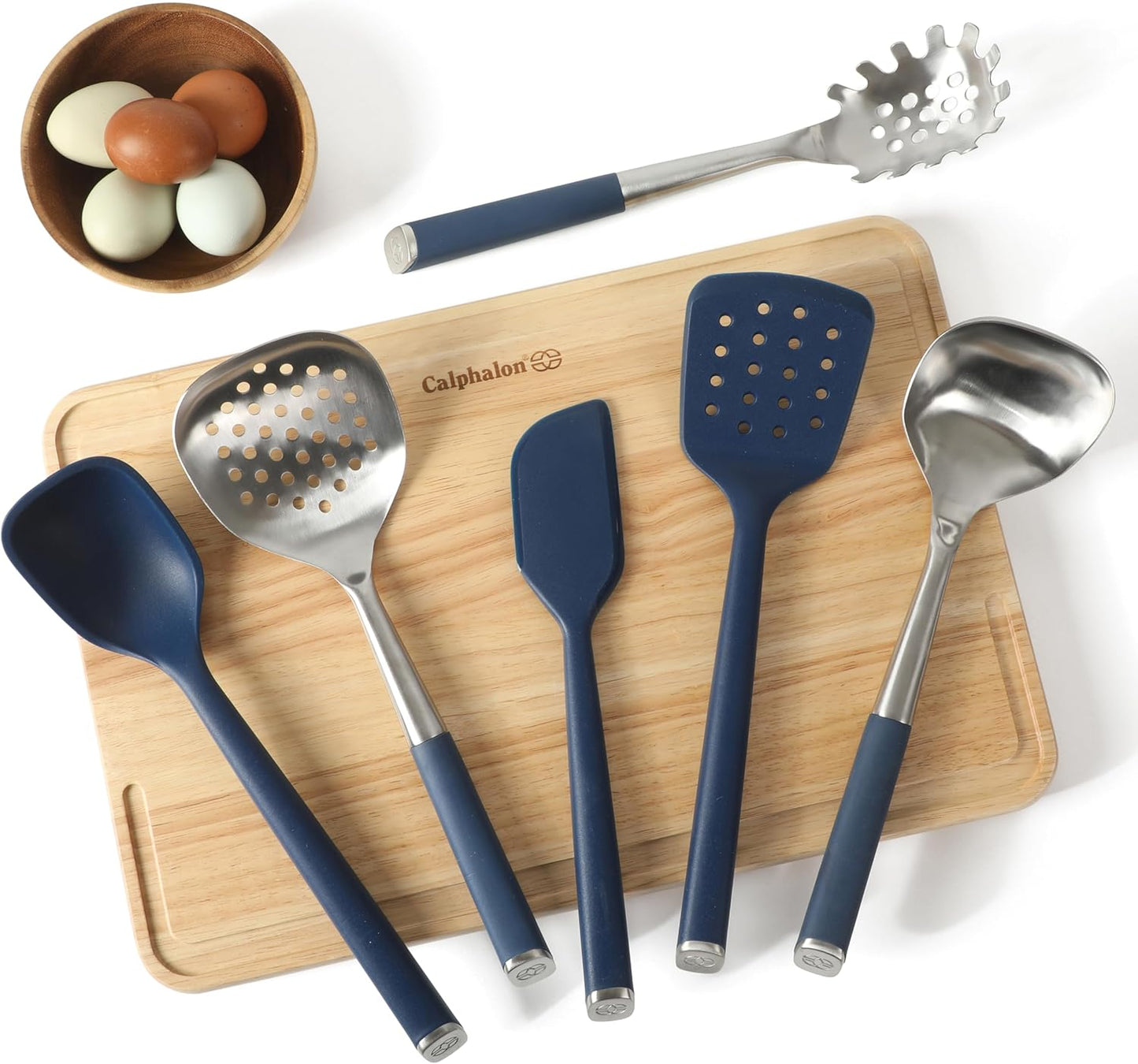 Calphalon Prime 7 Piece Silicone and Teak Wood Kitchen Tool & Gadget Set with Navy Blue Silicone Rim, Durable Heat Resistant Cooking Utensil Set for Stirring, Flipping, Serving