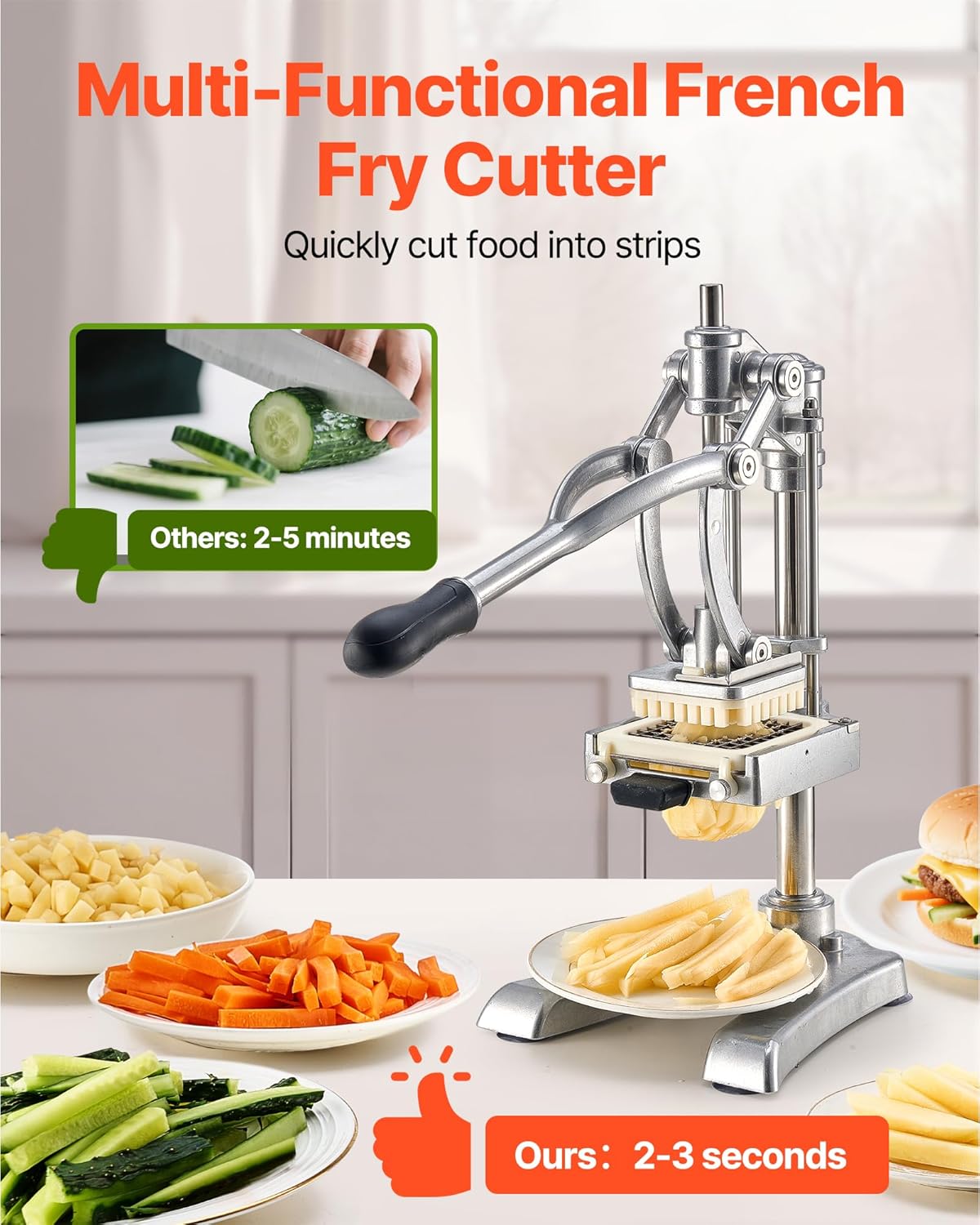 VEVOR French Fry Cutter, Ergonomic Potato Slicer with 3 Blades (1/2", 3/8", 1/4") & Juicer Plate, Easy-Replace Vegetable Chopper Dicer for Carrot, Onion, Lemon, Ideal for Home & Commercial Kitchens