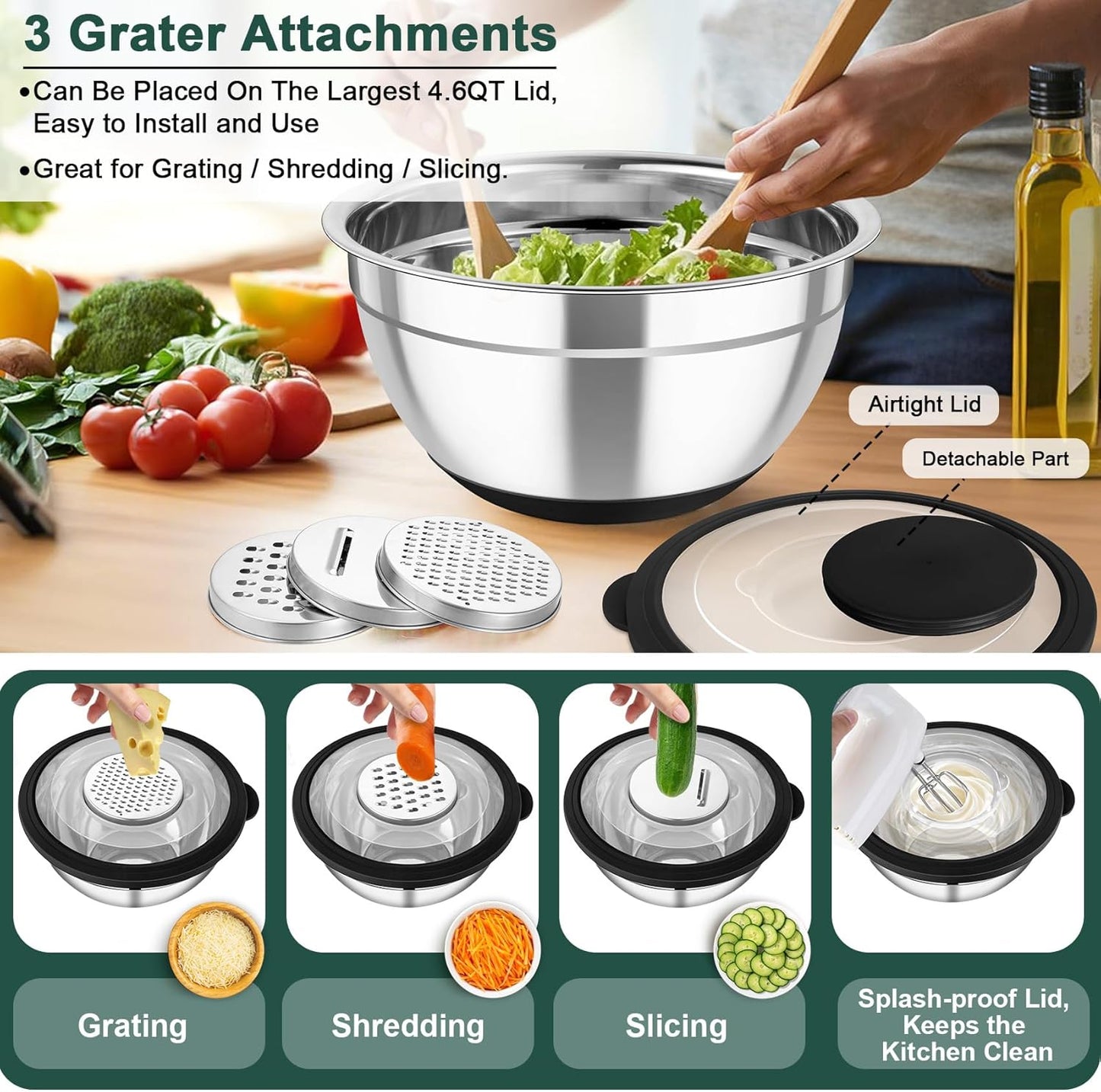TeamFar Mixing Bowls with Colander Set, Stainless Steel Strainer and Nesting Salad Bowls, with Lids & 3 Graters, Non-Slip Bottom & Visible Lid, Rotatable & Dishwasher Safe, 4.6/3/1.5 QT, Khaki