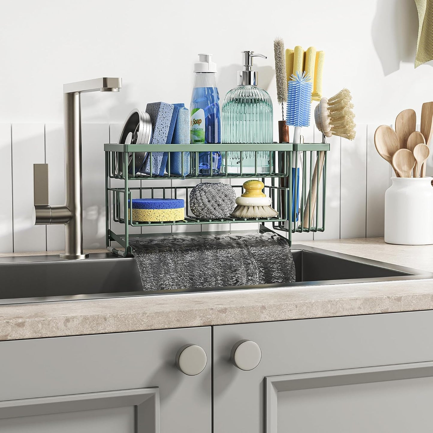Cisily 2-Tier Kitchen Sink Caddy Organzier Rack with Flexible Dish Brush Holder, Sponge Holder for Kitchen Sink Countertop Organization Storage,Home Decor Accessories Essentials Stainless Steel