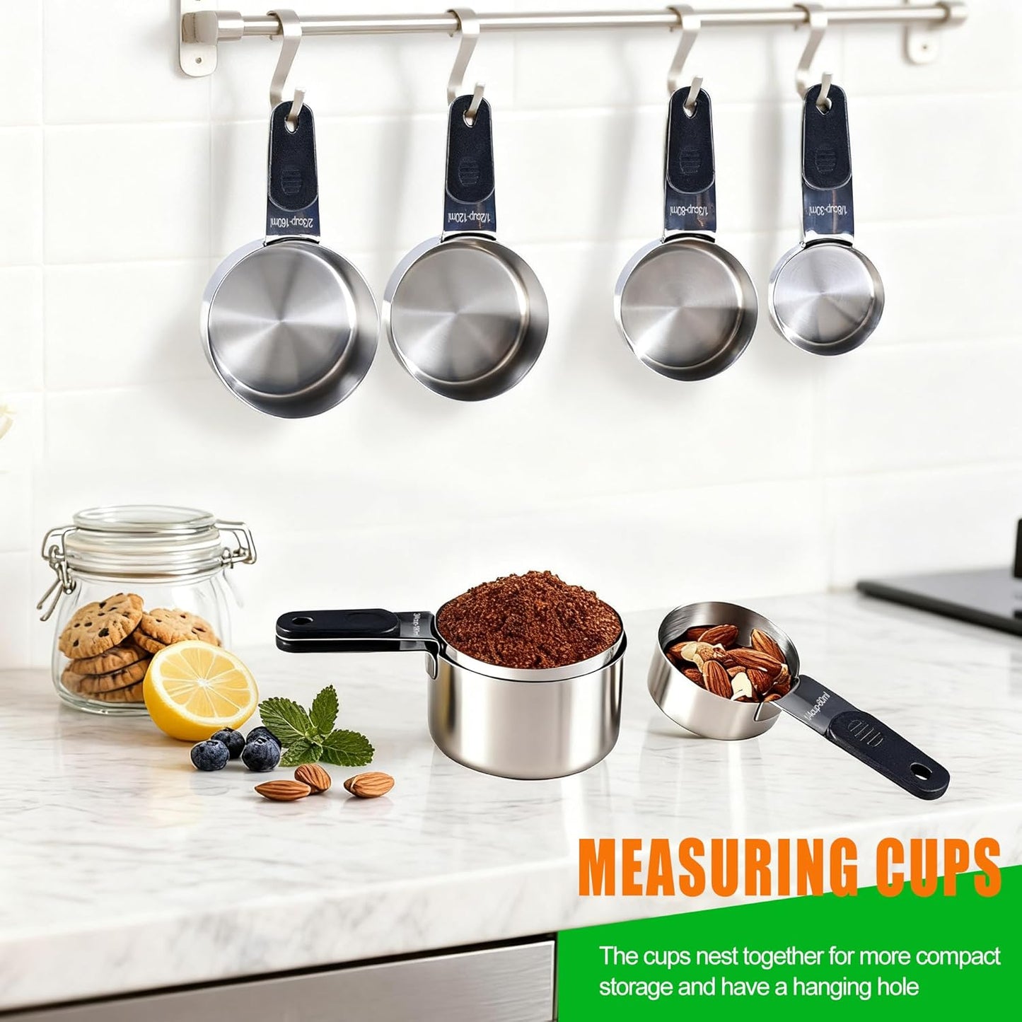 Magnetic Handles 5 Piece Stainless Steel Measuring Cups, Black, Kitchen Gadgets for Measure Liquid and Dry Ingredients, Cooking & Baking