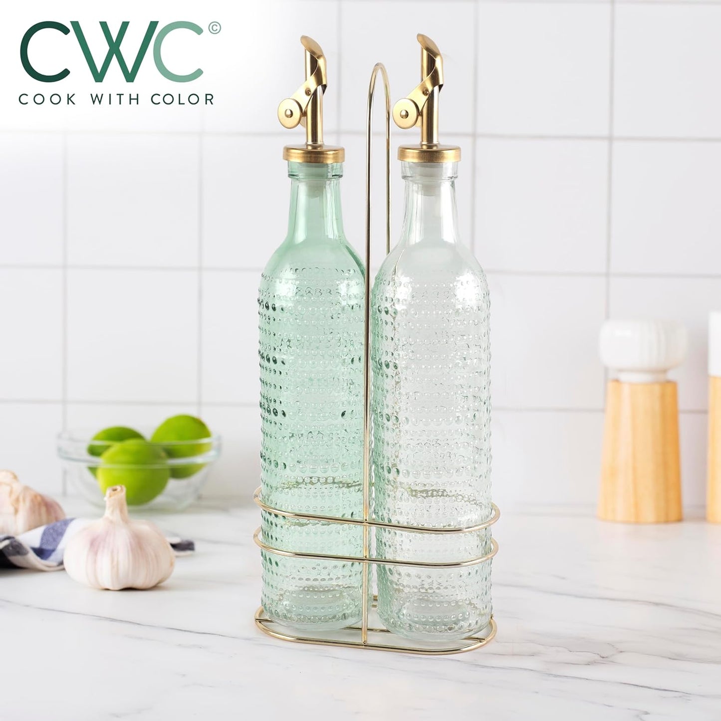COOK WITH COLOR Glass Olive Oil Bottle Dispenser - 2 Pack- 17oz Oil and Vinegar Cruet - Olive Oil Carafe Decanter for Kitchen, Elegant Waves, Clear