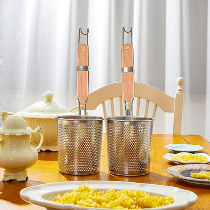Tessco 4 Pcs Pasta Strainer, 4.7" x 5.2'' Stainless Steel Pasta Basket Mesh Cooker with Wood Handle, Spider Strainer Kitchen Skimmer for Food Dumpling Noodle Blanching(Dark Color)