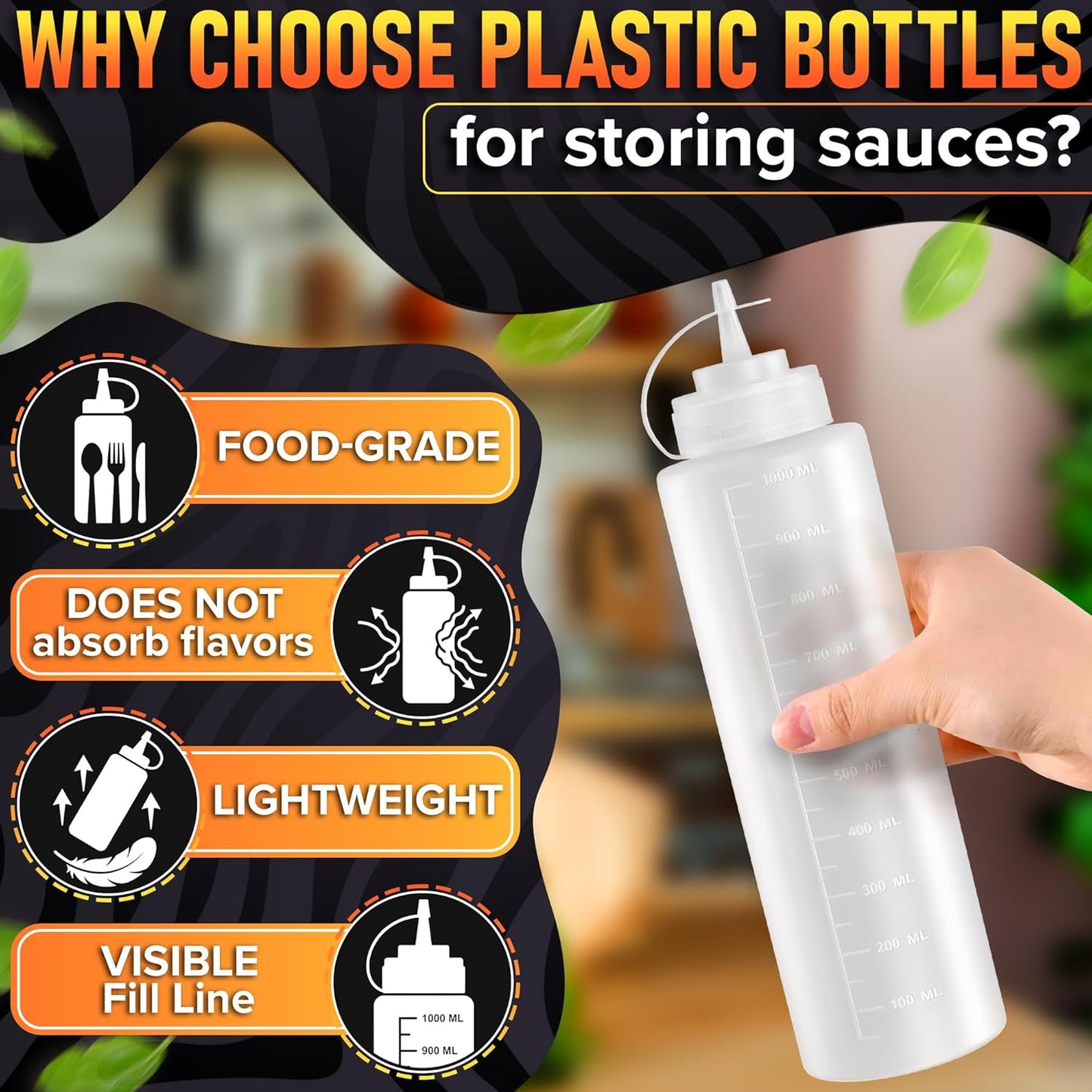 Set of 6 Inverted Condiment Squeeze Bottles 16 oz – Upgraded Design with Added Sealing Gaskets, Self-Closing Valve, Easy-to-Fill Clear Bottles for Sauces, Dressings, Ketchup, Mustard for Everyday Use