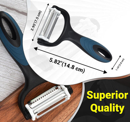 Julienne Peeler (3 Blades, 360° Rotating) Y Peelers for Potato Vegetable Carrot Cucumber & Fruits – Multifunction Stainless Steel Blades, Anti Slip Handle