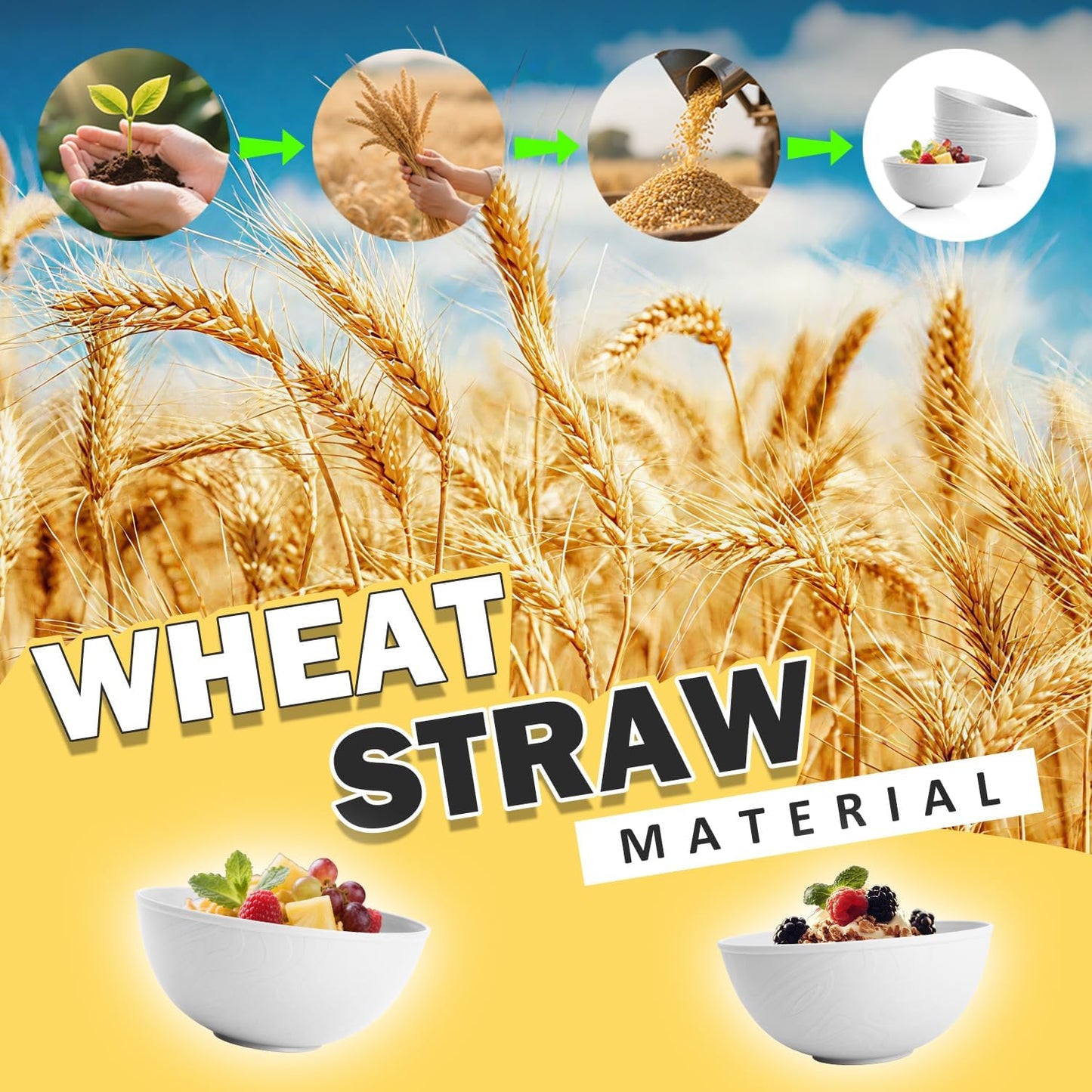 Wheat Straw Bowls Set with Lids, Unbreakable 40 OZ Cereal Bowls Set of 4, Salad Container for Lunch, Microwave & Dishwasher Safe Bowl Set for Kitchen, Picnic, RV, Camping, Multi