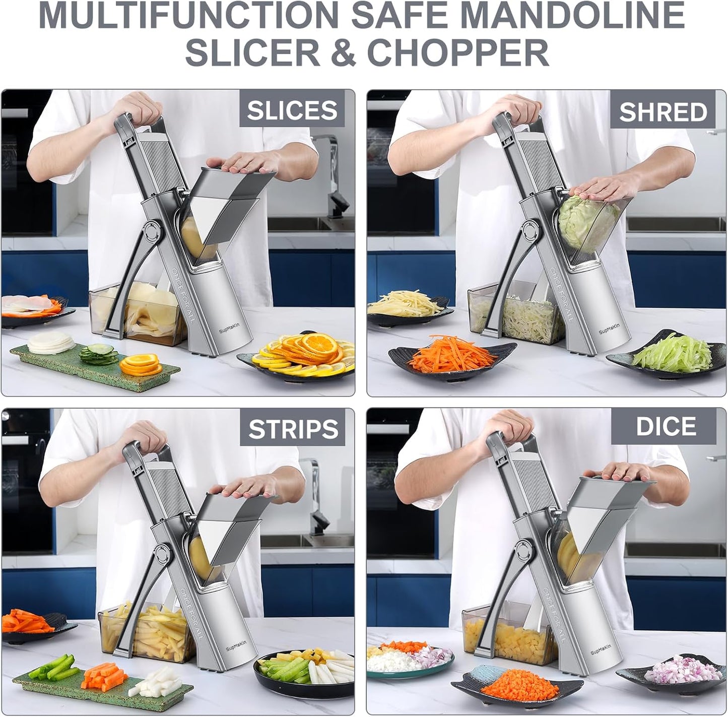 SupMaKin Upgrade Safe Mandoline Slicer Plus, Vegetable Chopper, Potato Slicer, Food Slicer Onion Chopper, Fry Cutter, Veggie Salad Dicer Kitchen Chopping Artifact Gifts (Blue)
