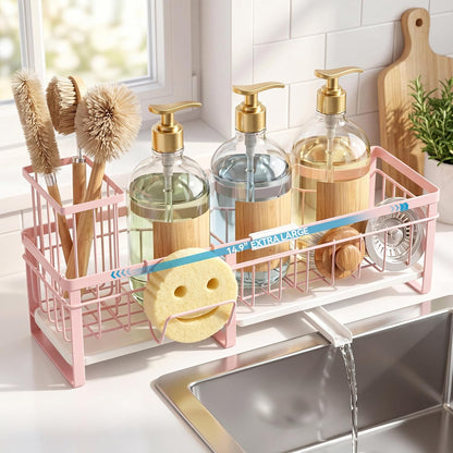 Aurblozen Extra Large Extendable Sponge Holder for Kitchen Sink, Rustproof Sink Caddy Organizer with High Brush Holder, Dish Soap Dispenser Organizers and Storage (Black)
