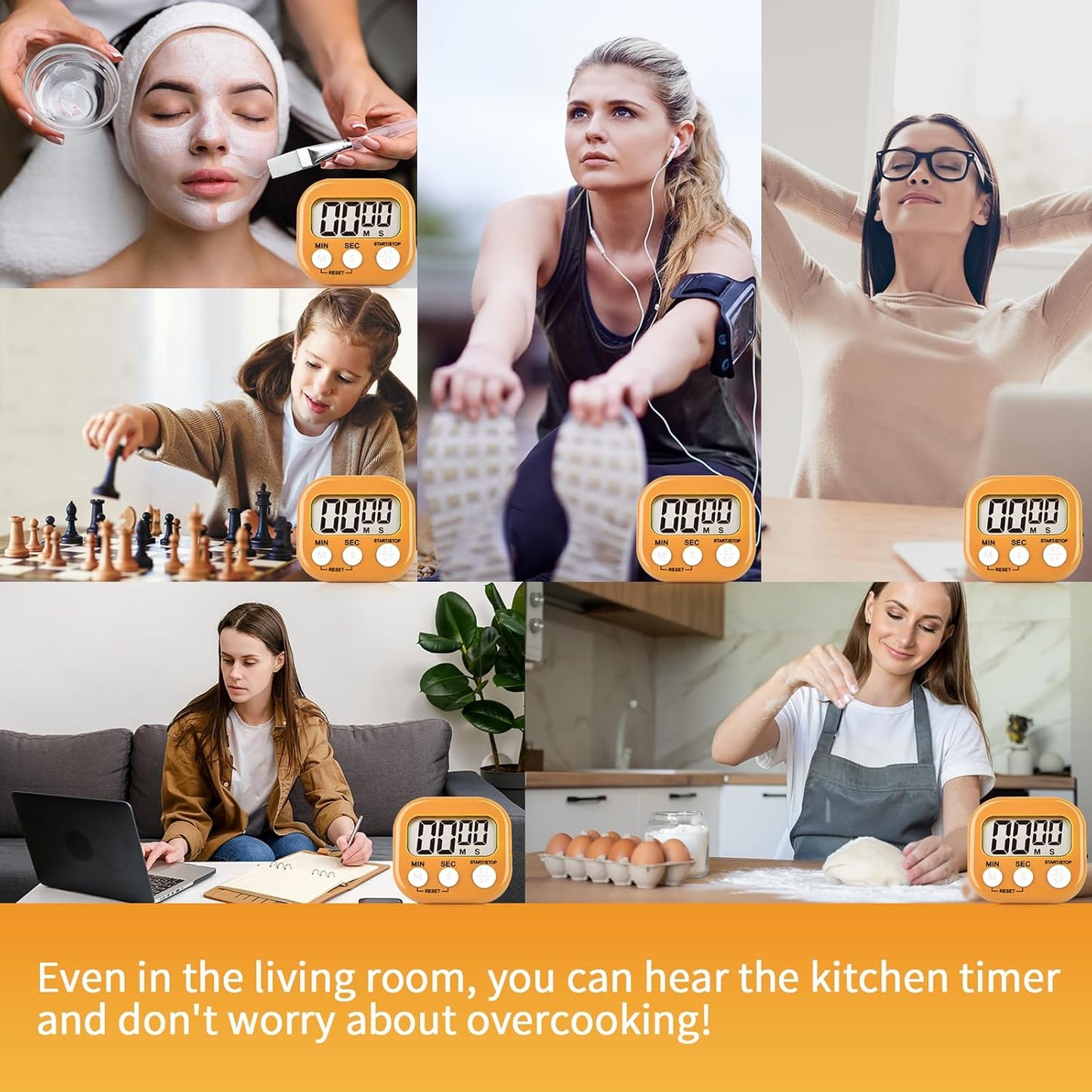 4 Pack Digital Kitchen Timer Magnetic Digital Timer with Big Display Loud Ring Cooking Timers for Cooking, Game, Gym, Break Time, Classroom(4, Pink, Green, Orange, White)