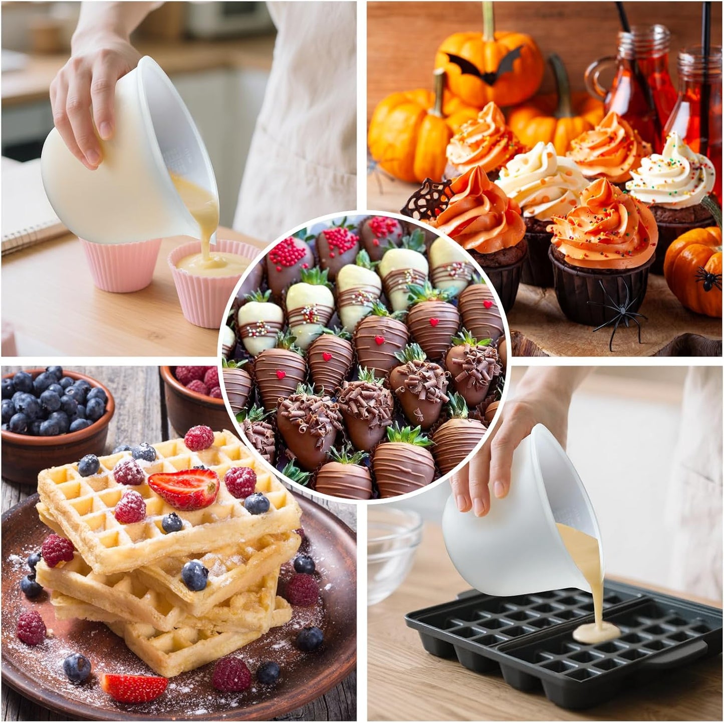 Palksky Silicone Chocolate Melting Cup Set with 4 Silicone Measuring Cups (250ml & 350ml) and 4PCS Heat-Resistant Jar Spatulas, Non-Stick Baking Tools for DIY Chocolate, Butter & Cream Mixing