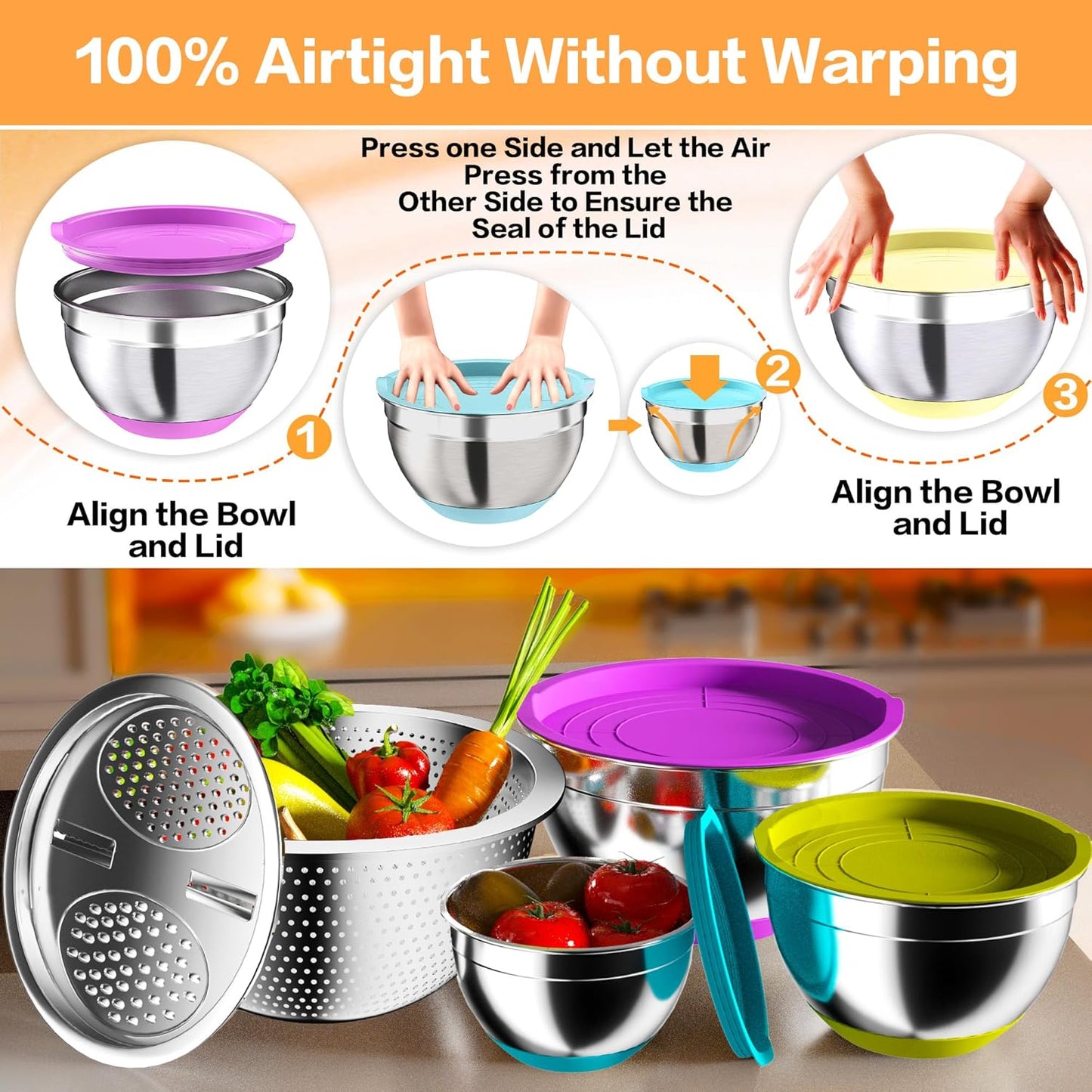 Nicdiet Mixing Bowls with Airtight Lids, Stainless Steel Mixing Bowl Set with 3 Metal Nesting Bowls, Colander & Grater, Non-Slip Bottoms, Size 1.5, 2.5, 5 QT, Great for Mixing & Serving, Khaki