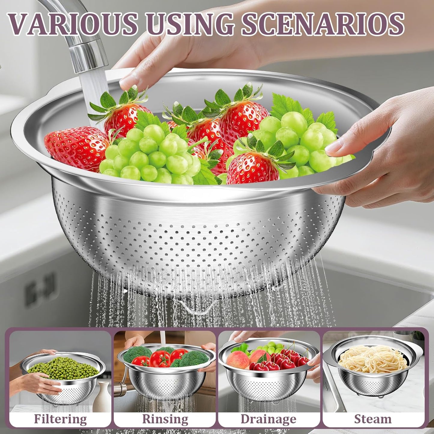 4-1 Colander with Bowl Set - Pasta Strainer - Colander for Kitchen - Strainers and Colanders Rice Strainer Fruit Cleaner Veggie Wash Sink Strainer Kitchen Essentials - Black