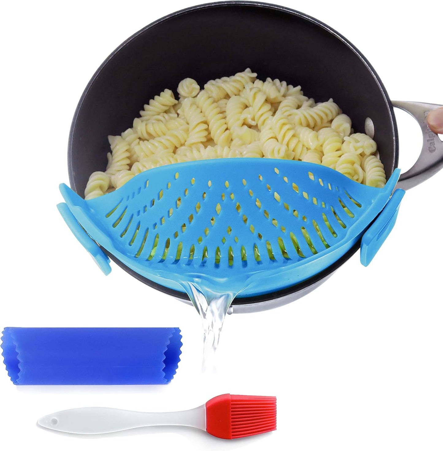 Clip On Kitchen Food Strainer for Spaghetti, Meat, Pasta, & Ground Beef Grease, Colander & Sieve Snaps or Clips Onto Bowls, Pots & Pans Includes Silicone Drainer, Brush & Garlic Peeler (Dk Red)