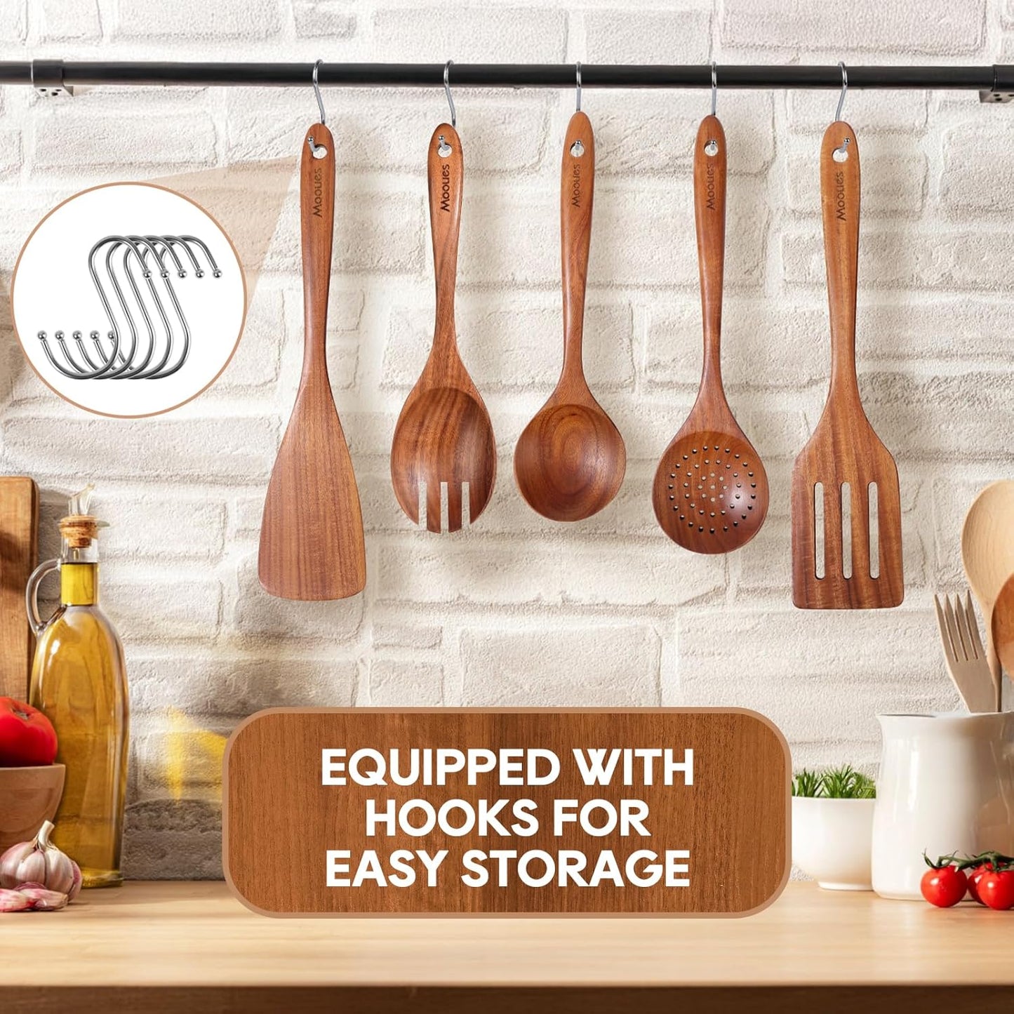 Wooden Ladle for Soup, 3 Size Teak Wood Ladle Spoon with Back Hooks, Heat Resistant Wooden Spoons for Cooking, Non-Stick, Comfortable Grip, Wood Kitchen Utensils Set for Serving, Stirring