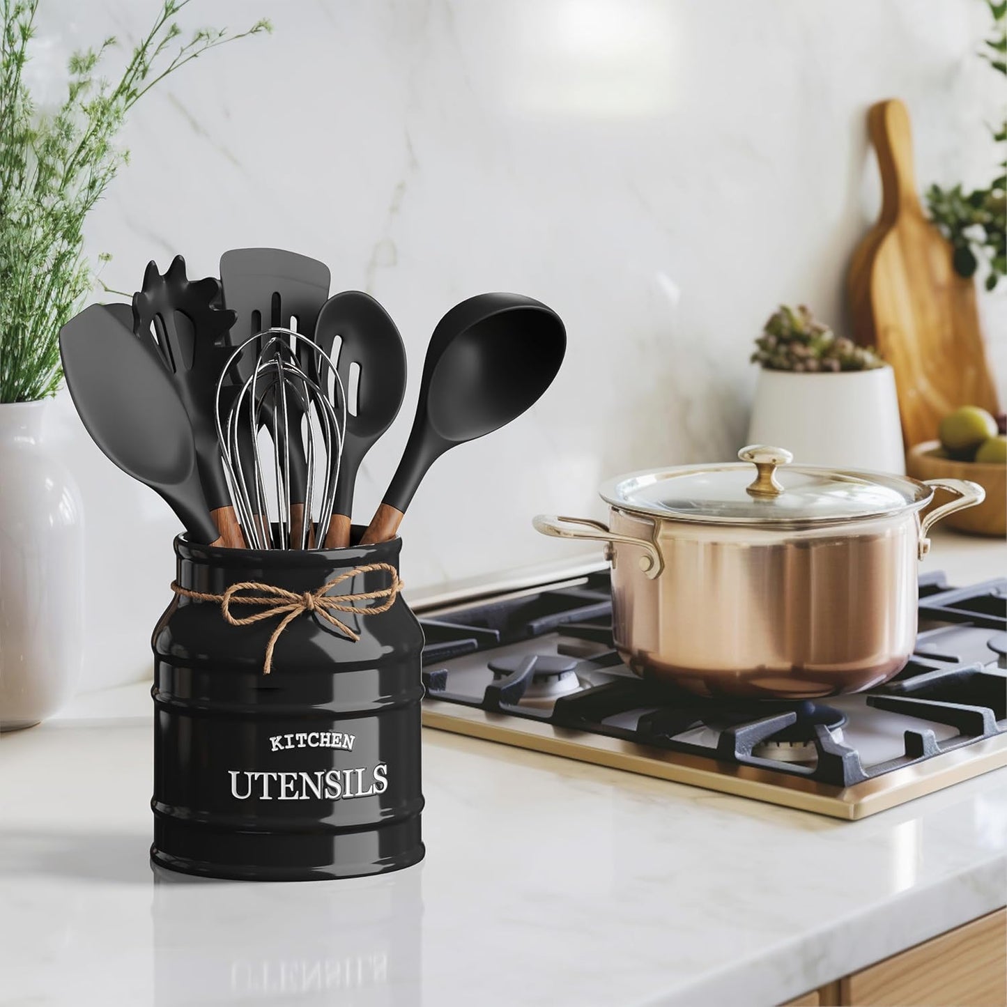 Barnyard Designs Ceramic Farmhouse Utensil Holder for Kitchen Counter, Large Rustic Utensil Crock, Countertop Cooking Tool Spatula Organizer, 6.75” (Taupe)