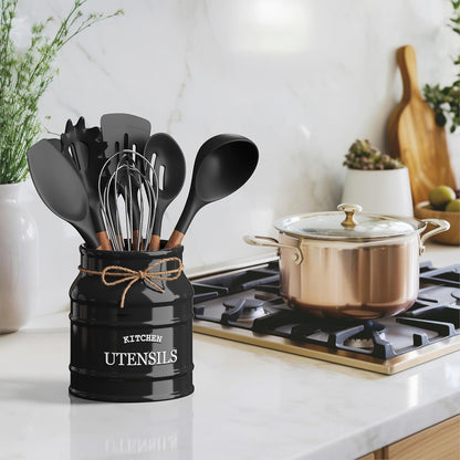 Barnyard Designs Ceramic Farmhouse Utensil Holder for Kitchen Counter, Large Rustic Utensil Crock, Countertop Cooking Tool Spatula Organizer, 6.75” (Taupe)