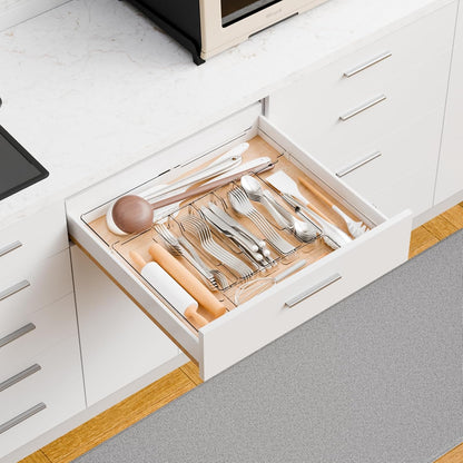 Yieach Acrylic Clear Expandable Kitchen Utensil Drawer Organizer and Silverware Organizer,BPA FREE Adjustable Silverware Tray for Drawer Cutlery,Spatula,Tools,Flatware Organizers,Fork and Spoon Holder