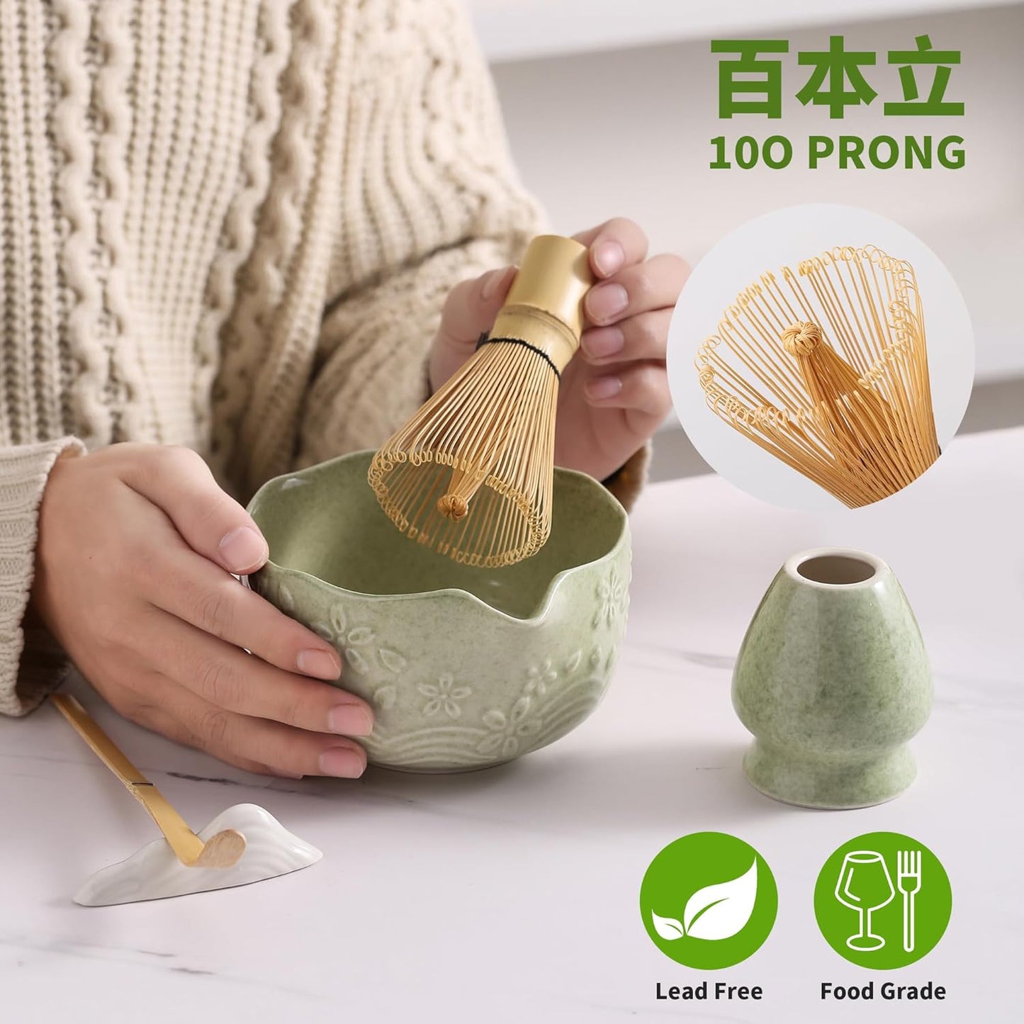 Matcha Whisk Set, 5 Pcs Ceramic Matcha Set, Matcha Kit Set Includes Matcha Bowl, Matcha Whisk and Holder, Bamboo Scoop and Sifter, Matcha Tea Set, Ideal Gift for Family/Friend (Pink)
