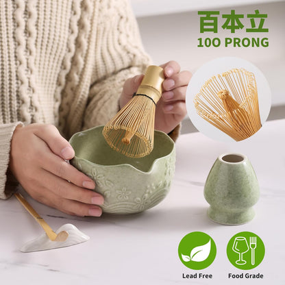 Matcha Whisk Set, 5 Pcs Ceramic Matcha Set, Matcha Kit Set Includes Matcha Bowl, Matcha Whisk and Holder, Bamboo Scoop and Sifter, Matcha Tea Set, Ideal Gift for Family/Friend (Pink)