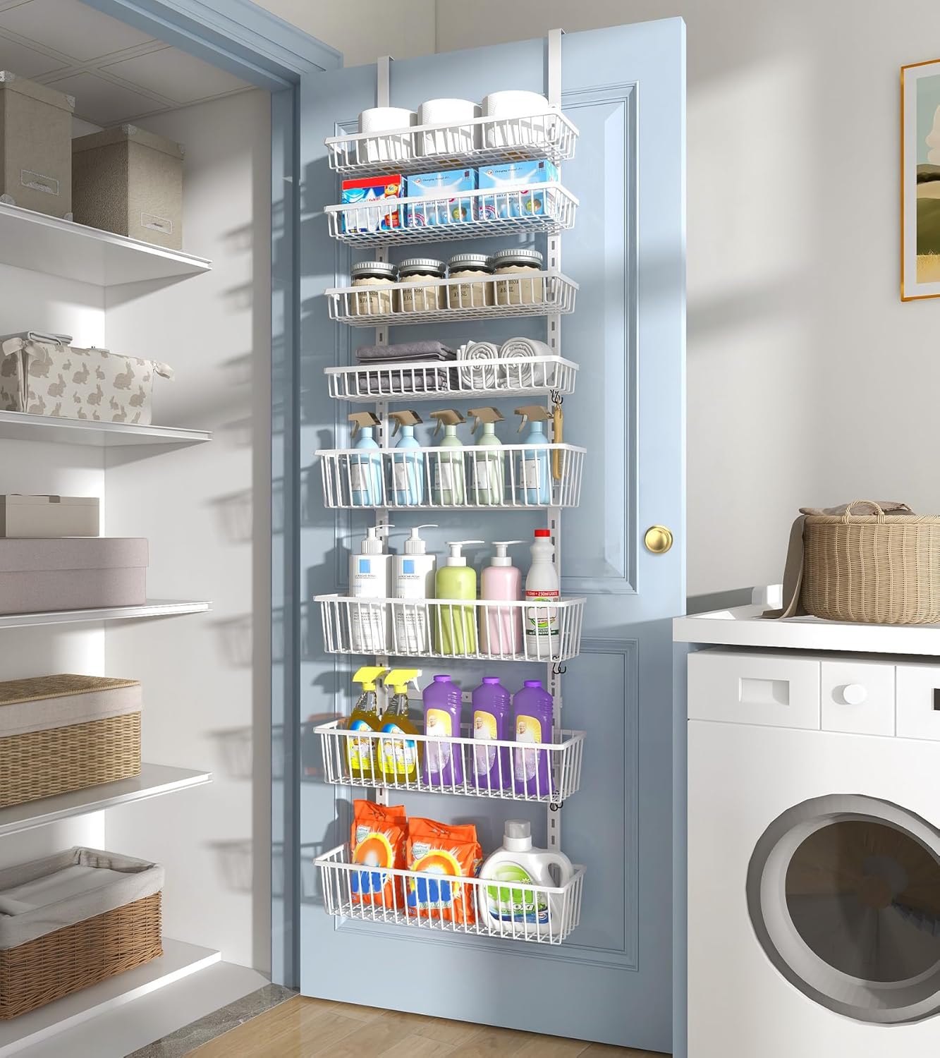 Mefirt White 9-Tier Over The Door Pantry Organizer, Pantry Organization and Storage, Deep Baskets Hanging Heavy-Duty Metal, Wall Spice Rack Seasoning Shelves for Home & Kitchen, Laundry Room Bathroom