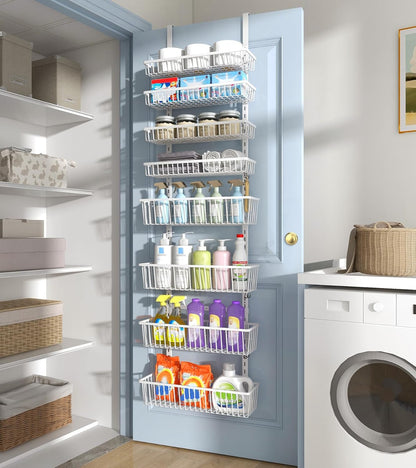 Mefirt White 9-Tier Over The Door Pantry Organizer, Pantry Organization and Storage, Deep Baskets Hanging Heavy-Duty Metal, Wall Spice Rack Seasoning Shelves for Home & Kitchen, Laundry Room Bathroom