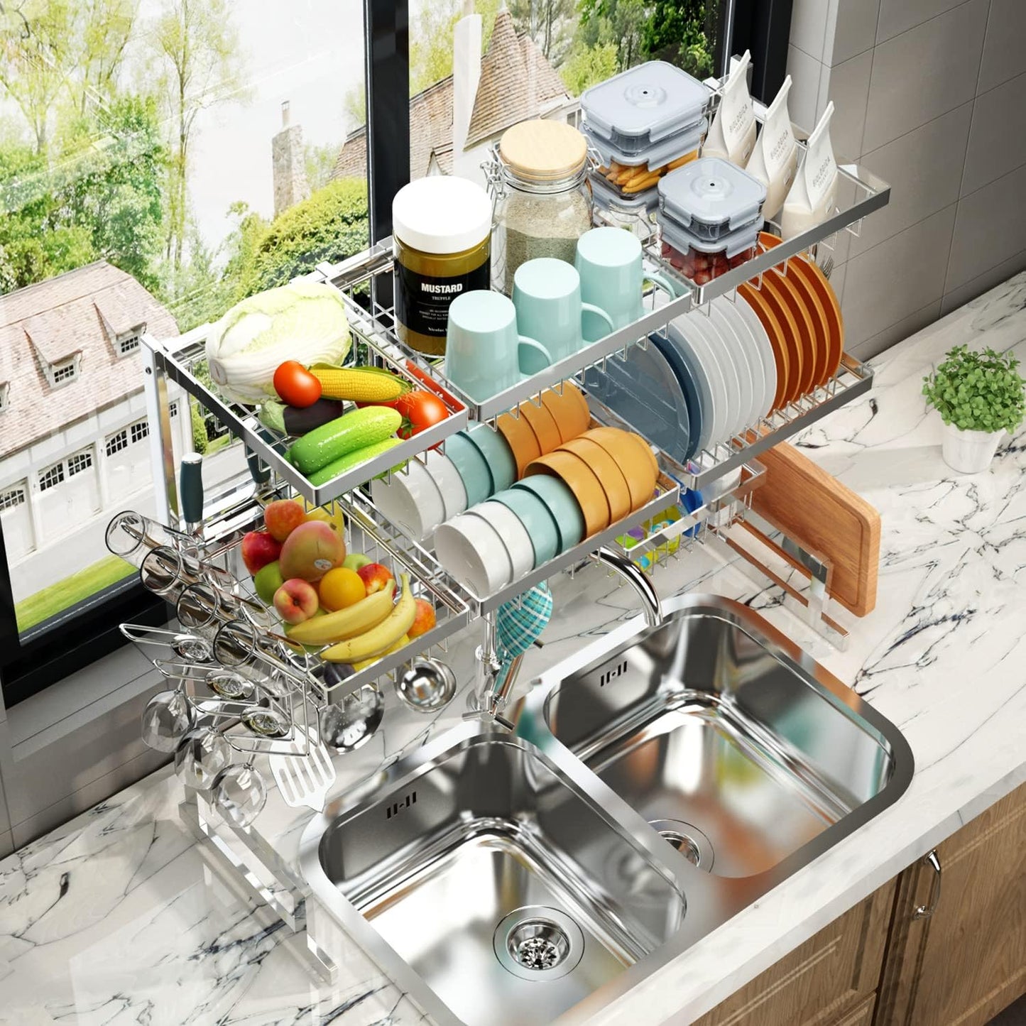 PUSDON Over the Sink Dish Drying Rack, 2 Tier Adjustable Large Capacity Stainless Steel Dish Rack for Kitchen Counter, Heavy Duty Space Saver Organizer with Utensil Holder, Black