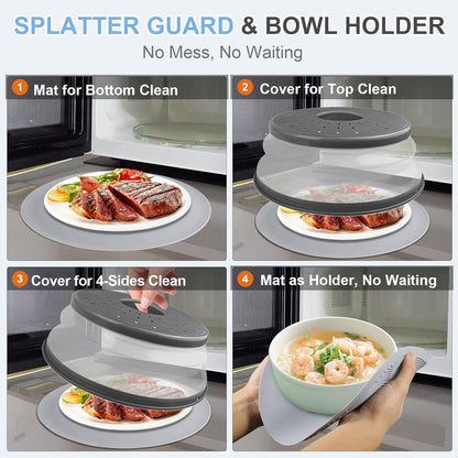 LekDrok Microwave Food Cover with Mat 12 Inch, Mat as Bowl Holder, Cover for Splatter Guard, Collapsible Lid for Plate Dish, Multi-Purpose Silicone Mat & Kitchen Colander Gadget for Meal Prep,Charcoal