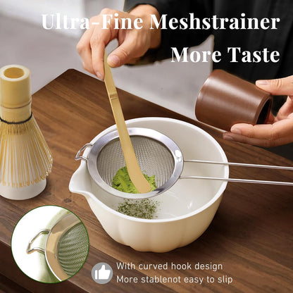 Renmxj Matcha Whisk Set,7 PCS Ceramic Matcha Kit Includes Matcha Bowl with Spout, Matcha Whisk and Holder, Bamboo Scoop, Stainless Sifter, Tea Towel, Unique Gift for Matcha Lovers (Pink)