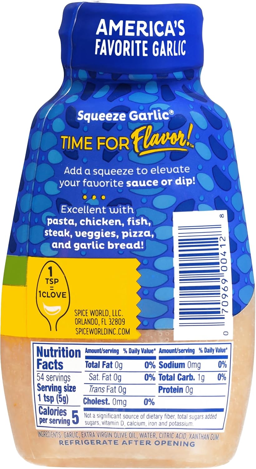 Spice World Squeezable Minced Garlic – Value 20oz Garlic Container – Ready-to-Use Seasonings for Cooking, Simply Squeeze the Convenient Package to Easily Add Flavor Without the Prep Work or Mess