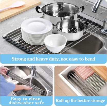 Seropy Roll Up Dish Drying Rack Over The Sink for Kitchen Sink Drying Rack Folding Dish Drainer Mat Rolling Dish Rack Sink Rack Stainless Steel Kitchen Dry Rack Black 17.5x15.7 Inch