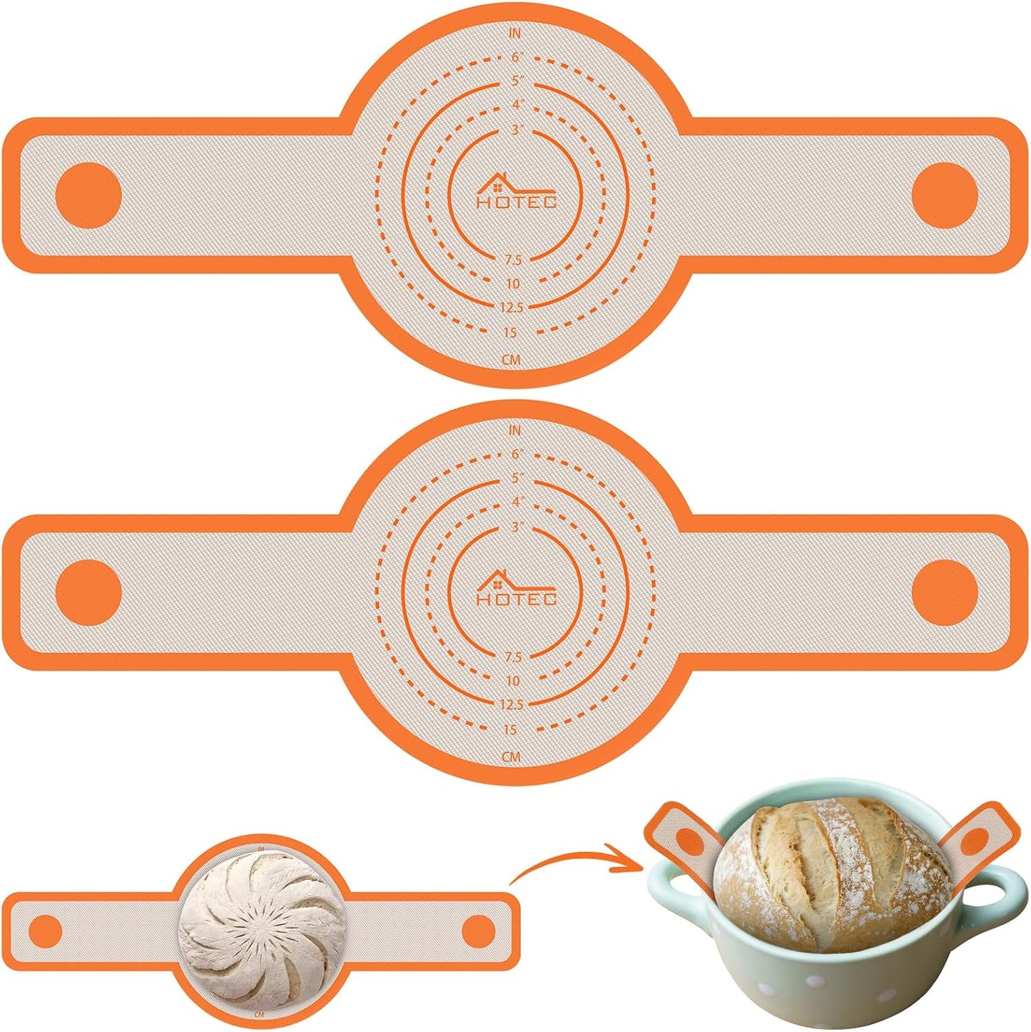 HOTEC Silicone Bread Sling for Dutch Oven - 2 Pack Non-Stick Baking Mat with Long Handle Easy to Transfer Sourdough Bread, Reusable Heat Resistant to 500°F/260°C Dutch Oven Liners Baking Supplies