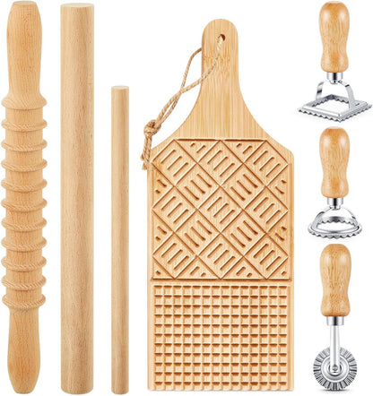 Tioncy 7 Pcs Pasta Making Tool Set Kitchen Gift, Wood Gnocchi Board with Ravioli Stamp Ravioli Maker Rolling Pin Gnocchi Garganelli Italian Pasta Tools for Beginners Home Cooks